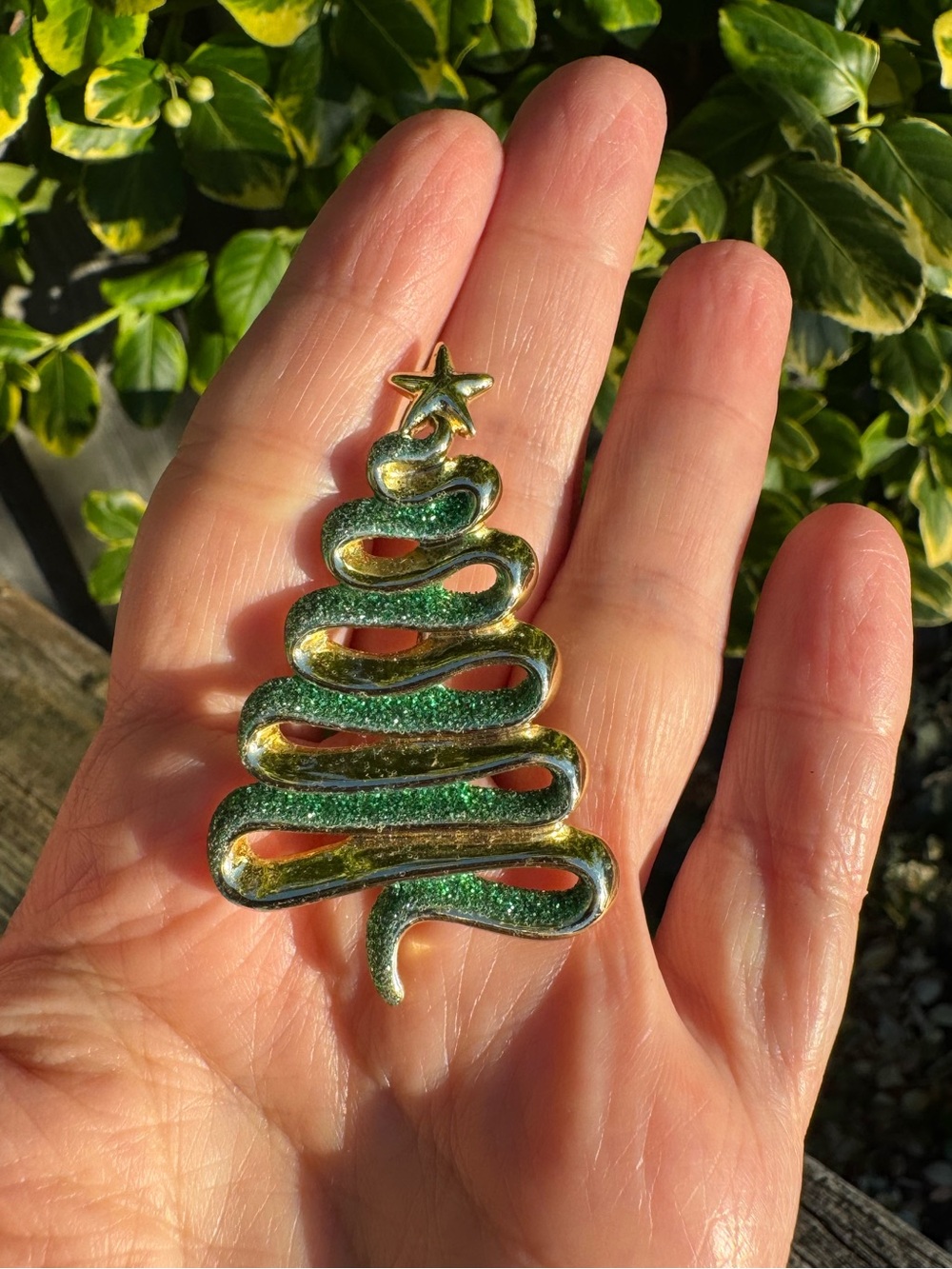 Vintage Green and Gold Christmas Tree Brooch Pin